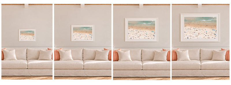 Wall art size guide, aerial beach photograph of Bondi Beach, shown in our 4 frame sizes